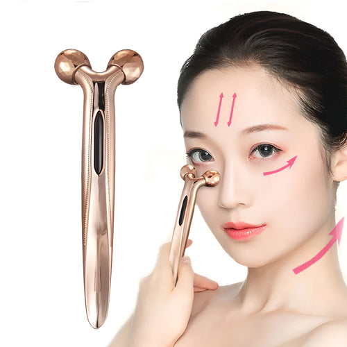 3D face-lifting manual roller massager with positive ion function in silver UV-plated finish