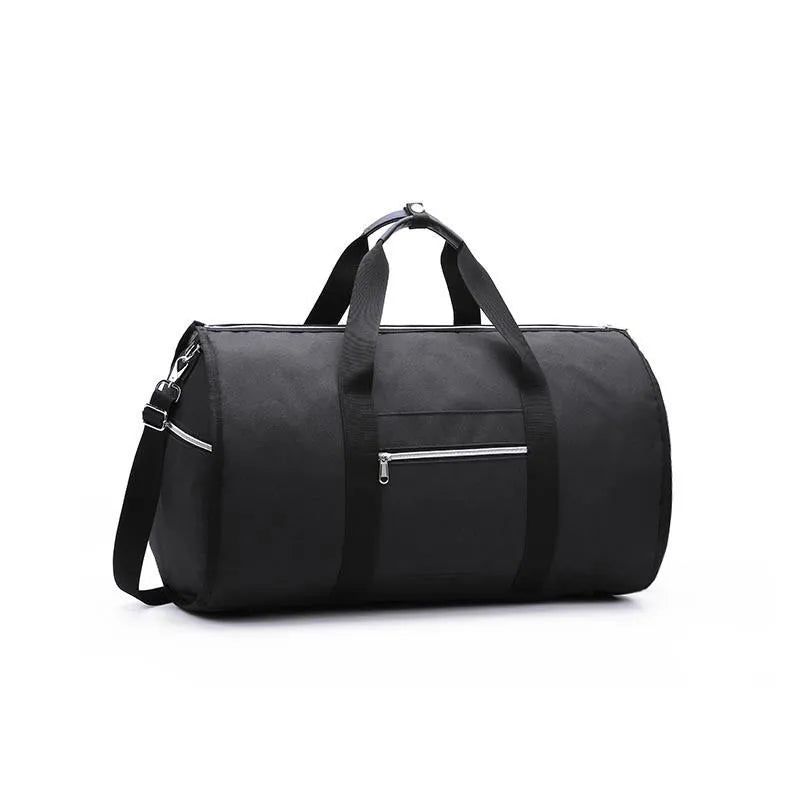 Medium-sized cylindrical travel bag in black Oxford cloth with a zipper and carrying handles.