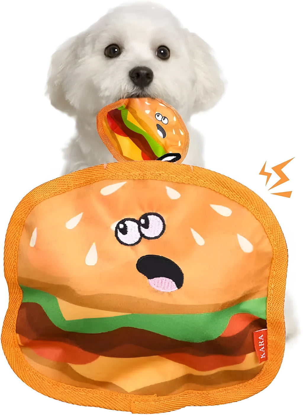 Food-shaped dog chew toys with crinkle and squeaker features including burger, fries, hot dog and pizza designs