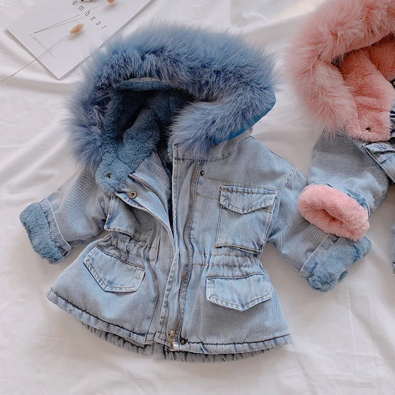 Girl's blue denim coat with hood and plus velvet thickness for Asian sizing