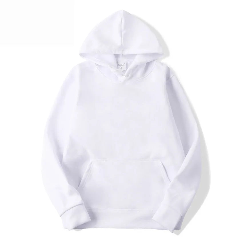 A solid colour pullover hoodie for men and women on a hanger, showing long sleeves and a hood.