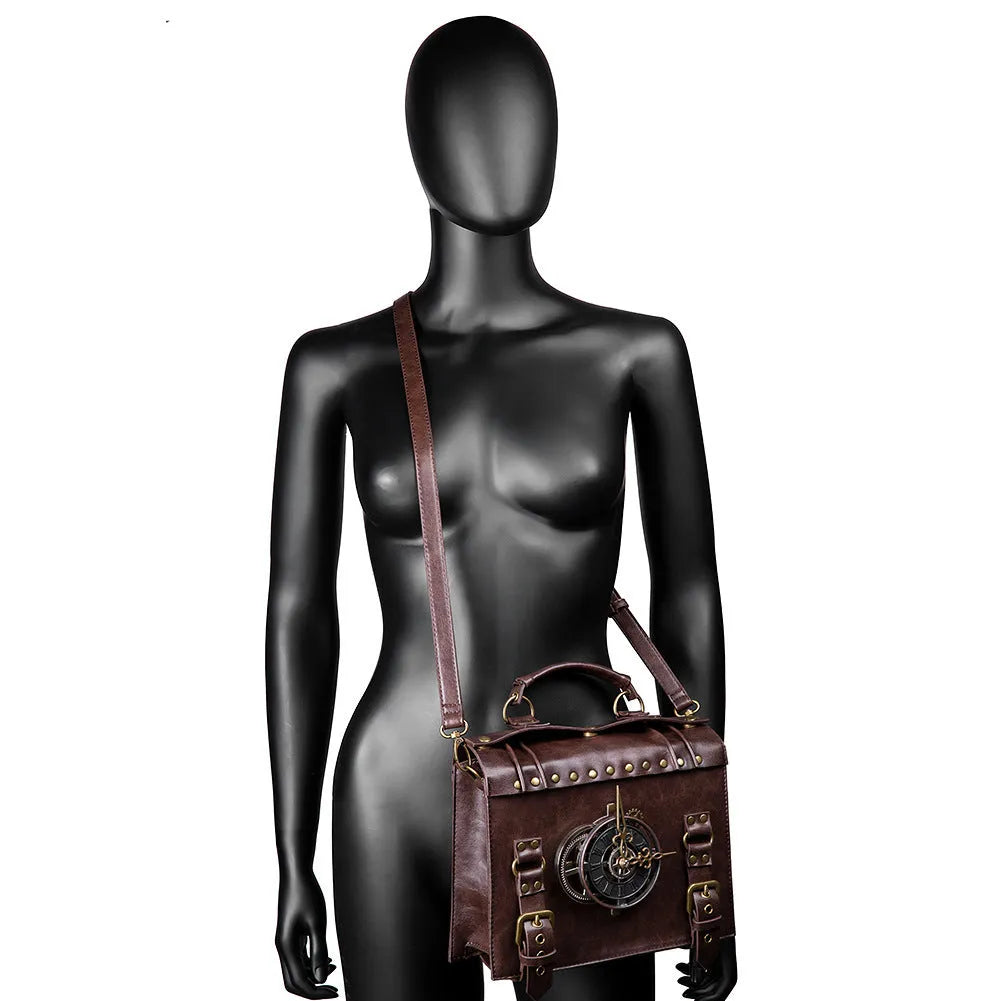 Bronze steampunk industrial retro style shoulder bag with pillow shape and metal hardware