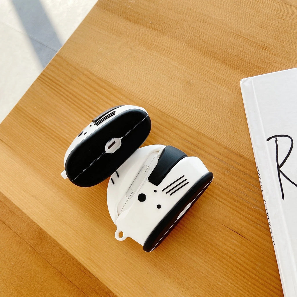 Silicone AirPods cover with motorcycle helmet shape, carabiner, and geometrical pattern, for AirPods Pro and AirPods 1/2.