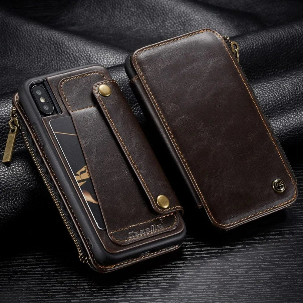 Black PU leather flip phone case open and closed, showing fit for Samsung Note9.