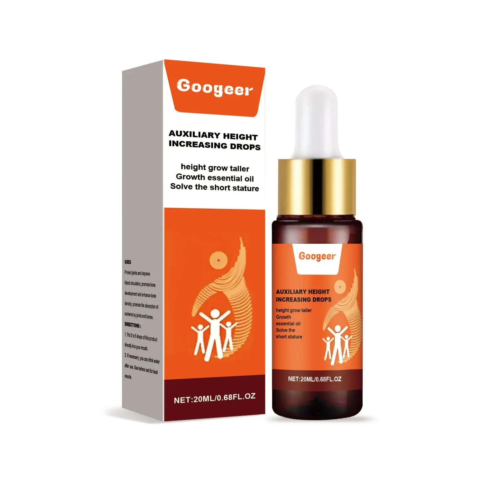 Googeer height increasing body treatment drops 20ml bottle with peppermint and vitamin B1.