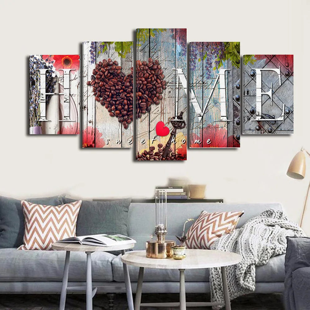 Set of red unframed oil painting decoration boards in graduated sizes arranged on a wall.