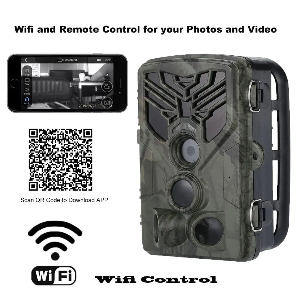 Wifi830 wireless trail camera with camouflage design on tree branch, showing compact size and infrared LEDs.