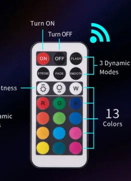 Small white rectangular underwater LED light with cable next to a 24-button remote control on a blue background.