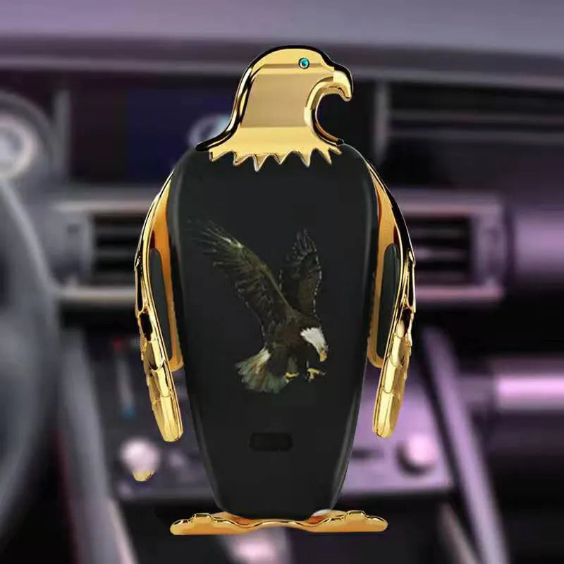 Car phone holder with wireless charging base and black and gold snap-on vent mount.
