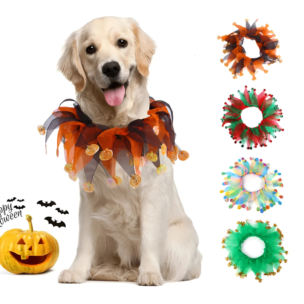 Tie-dye pet dog collar showing Halloween and Christmas patterns plus green and blue colour options