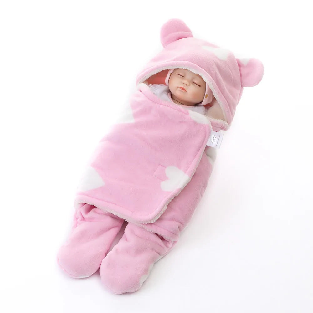 Newborn fleece blanket sleeping bag with cartoon pattern in pink colour, size 65x75cm for cot