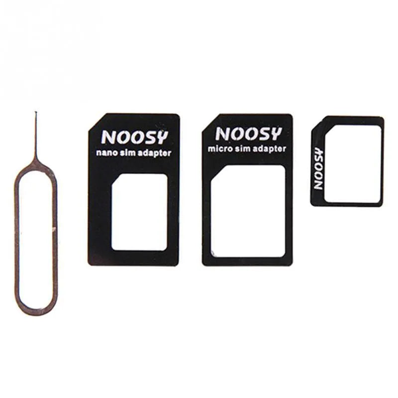 Three SIM card adapters for nano, micro, and standard sizes on a white background.