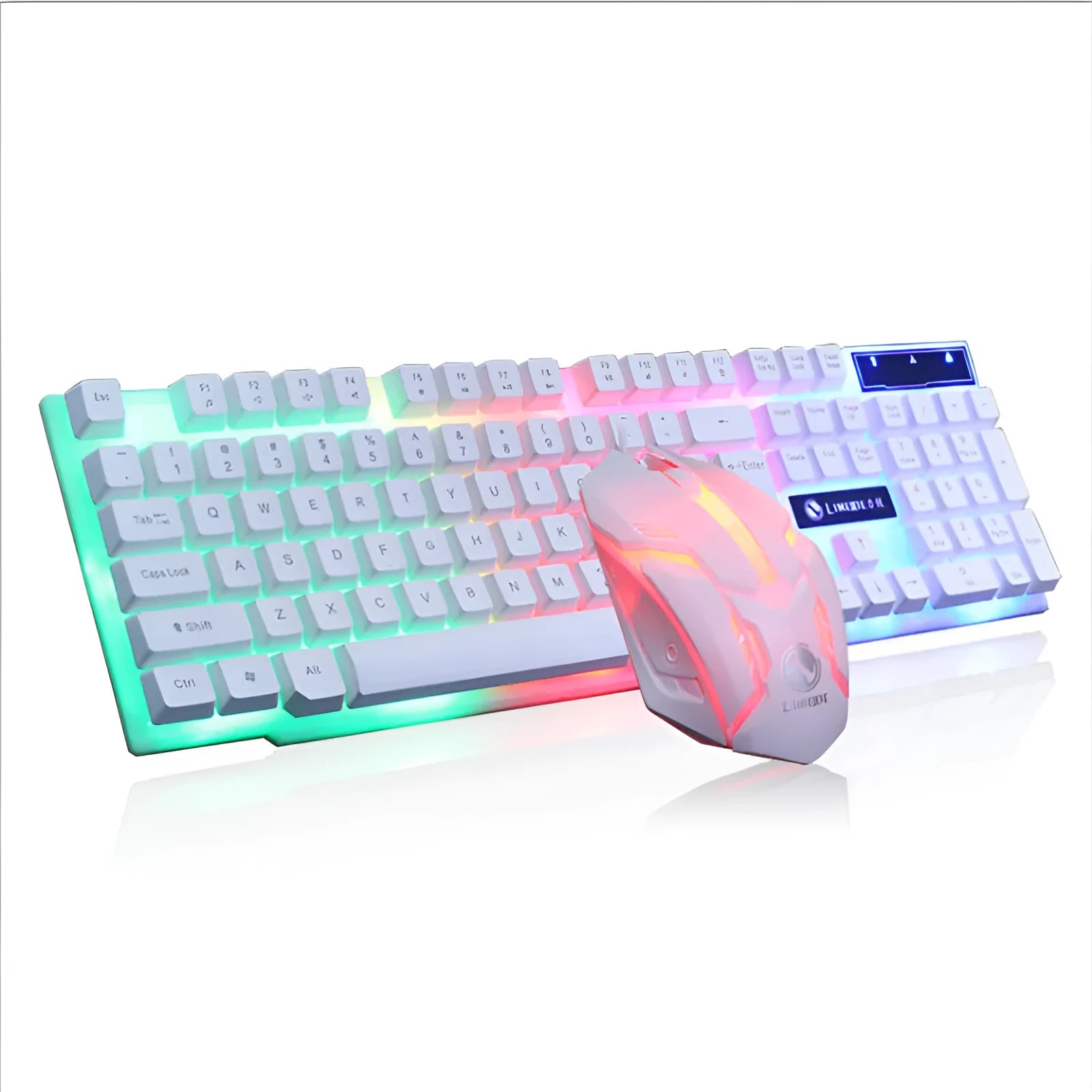 Limei Gtx300 white and black wired mechanical gaming keyboard and mouse set on a desktop.