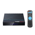Black T95 Max Plus Android TV box with remote control, showing rear ports for HDMI, USB, and power.