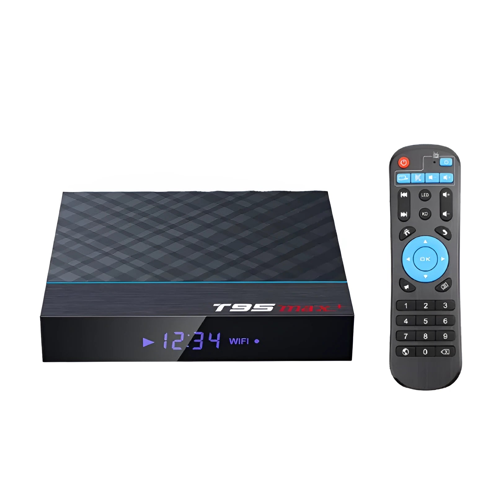 Black T95 Max Plus Android TV box with remote control, showing rear ports for HDMI, USB, and power.