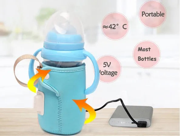 Orange and blue USB-powered baby bottle warmer wrap showing size and USB connector.
