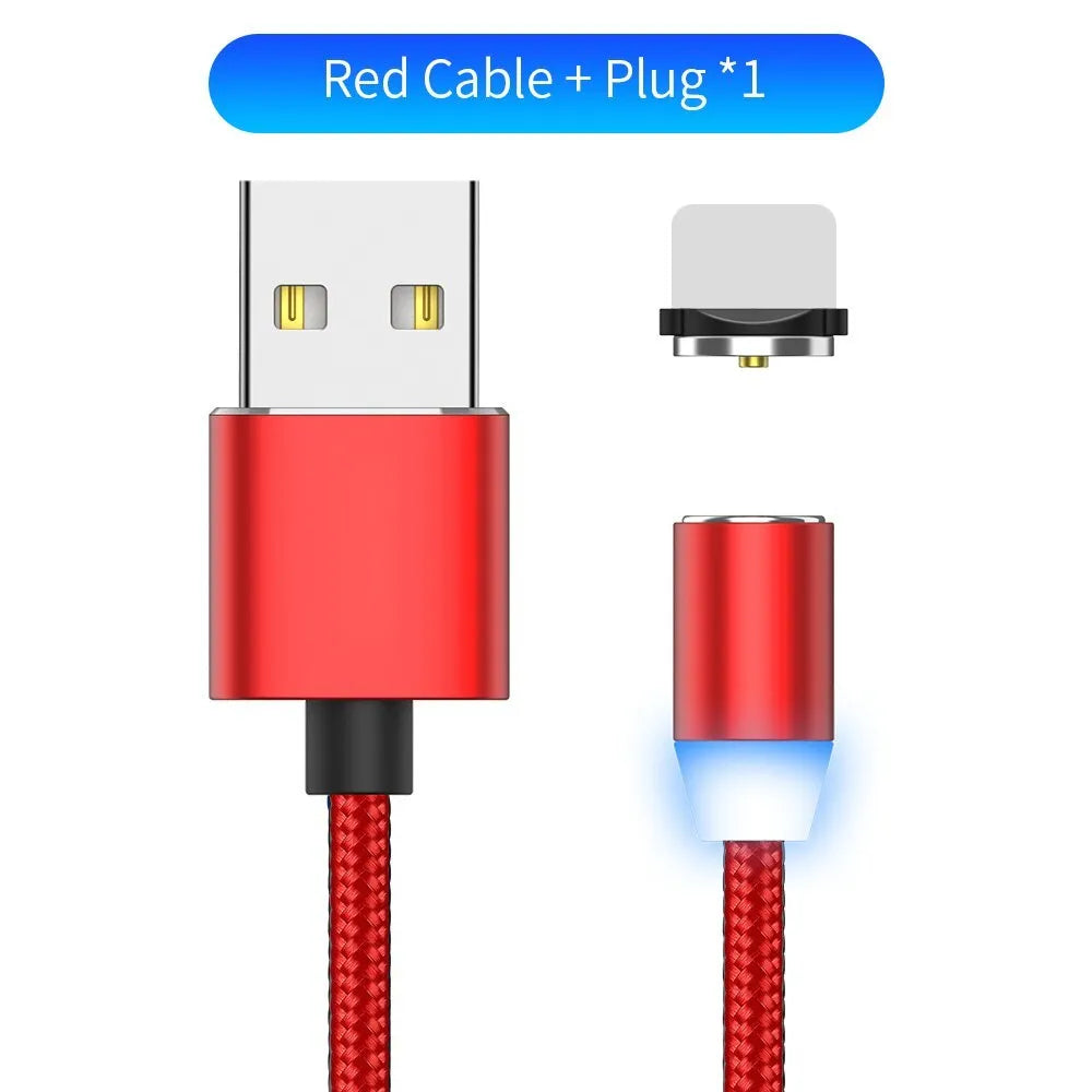 1 metre magnetic LED charging cable with cotton woven cord and three-in-one connector in aluminium shell