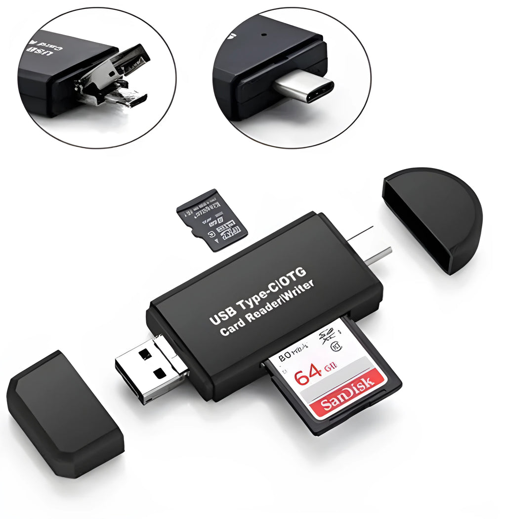 Black three-in-one card reader with Micro USB and USB 2.0 plugs, SD and Micro SD slots, 9g ABS body