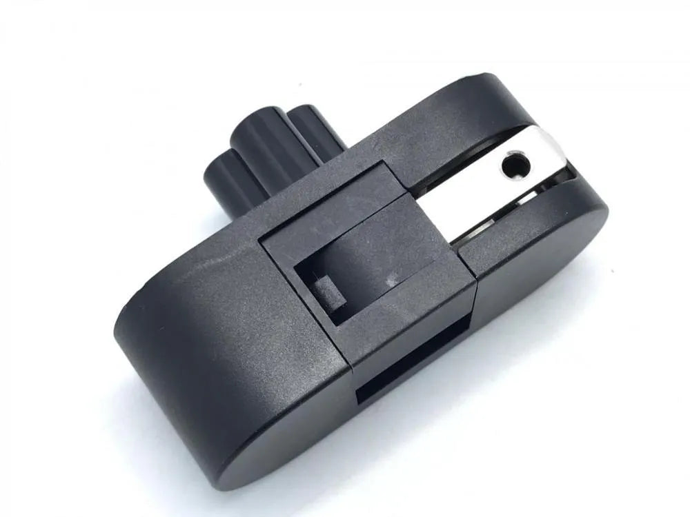 Black US notebook power head with a folding two-prong plug shown in straight and folded positions.