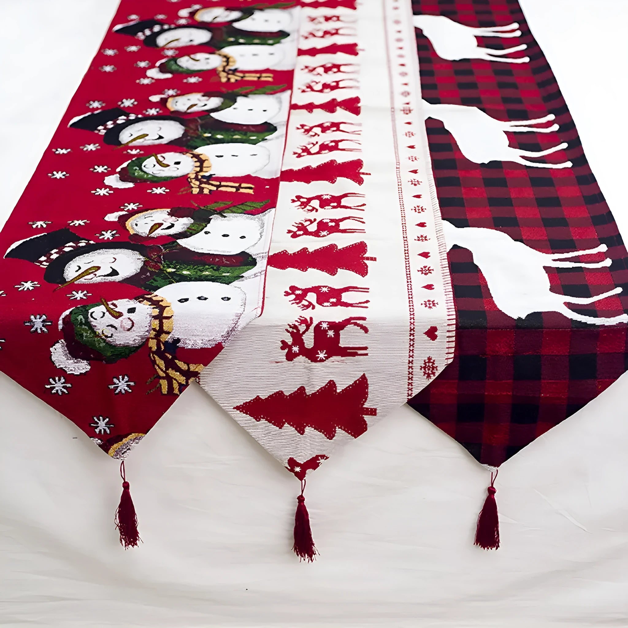 Christmas table runner with elk and snowman designs in cotton linen fabric