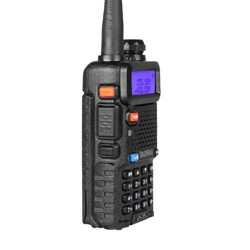 Compact black VHF UHF two-way radio walkie talkie with LCD display, showing 128 channels and long battery life.