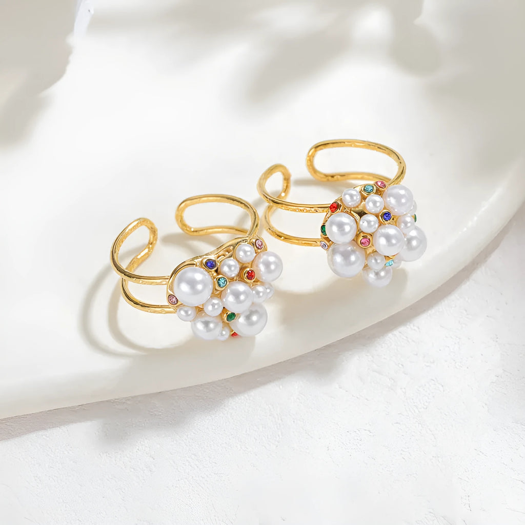 Open mouth women's ring with zircon electroplating and pearl elements in round or heart shape