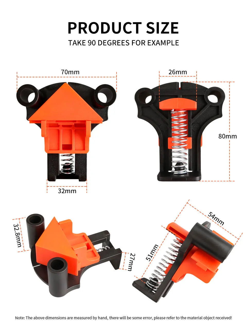 Four plastic 90 degree right angle woodworking clamps for picture frame assembly