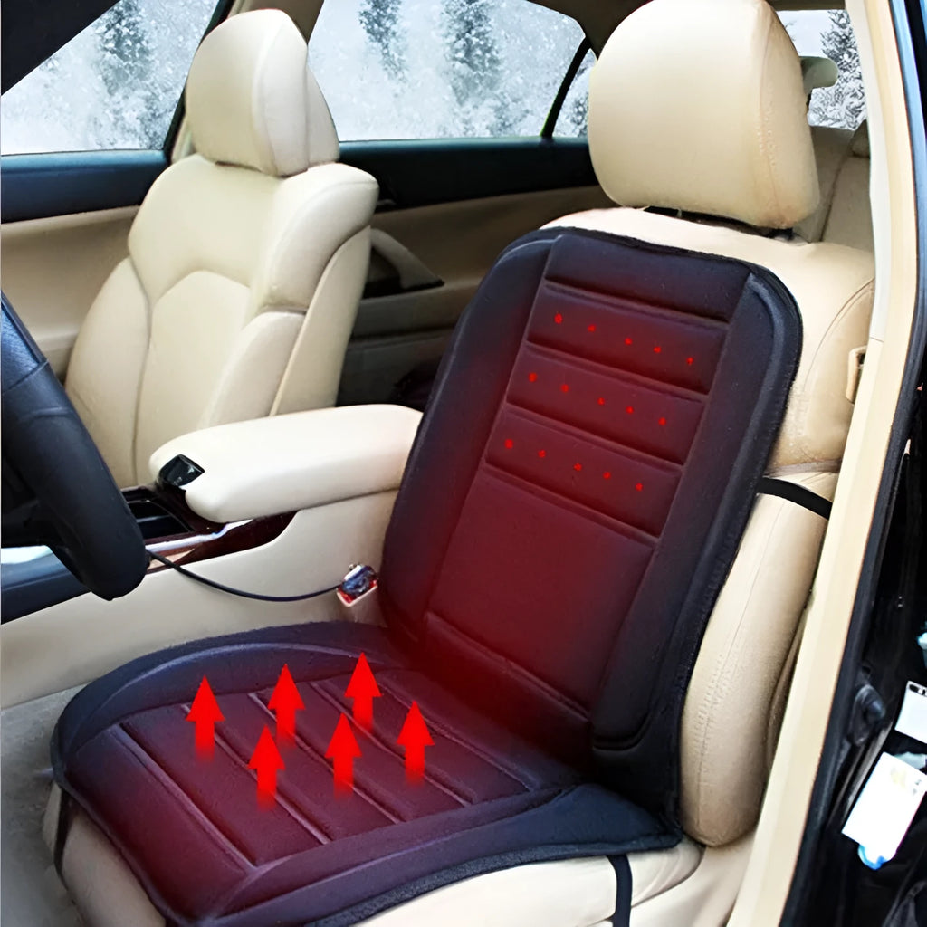 Black 12V car heating cushion with Hi/Lo control, elastic straps, 97x47x1cm, for car and RV seats