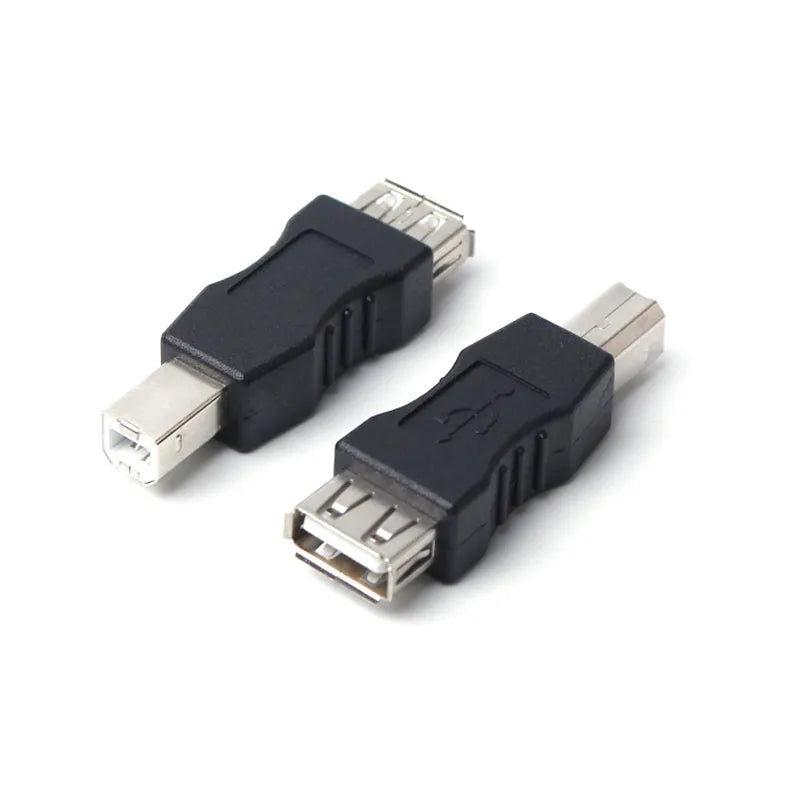 USB female to printer male adapter in black with copper wire and injection-moulded housing