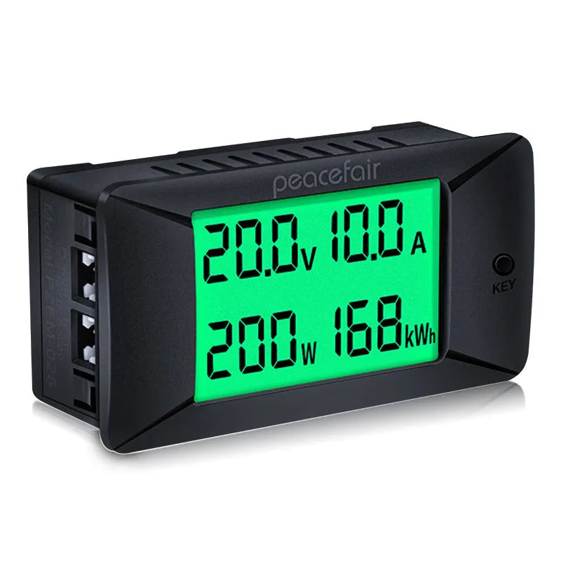DC digital display voltmeter and ammeter panel meter with compact dimensions, showing host unit and wiring.