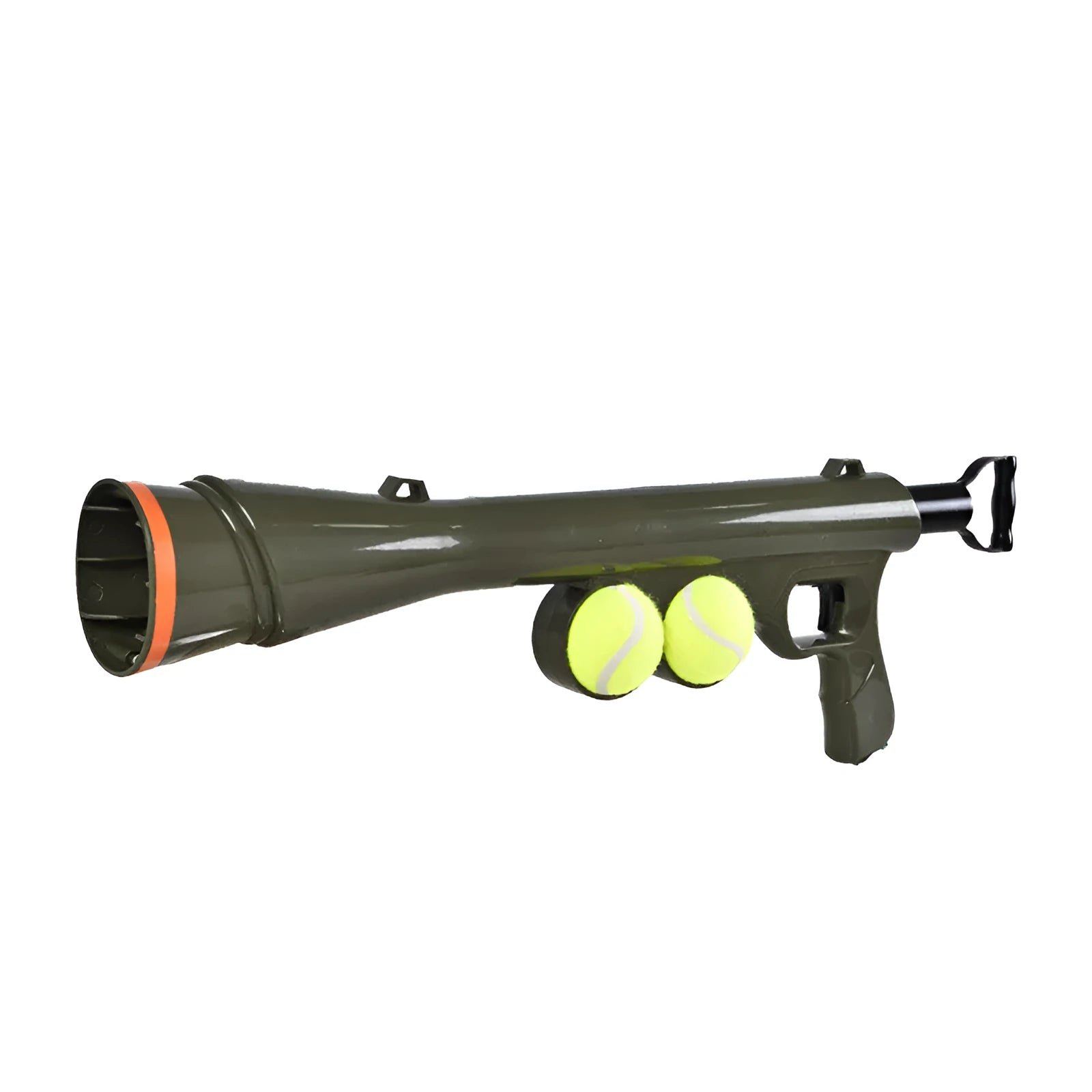 Black ABS plastic tennis ball launcher for dogs with one tennis ball, showing its long 65.5 cm design.