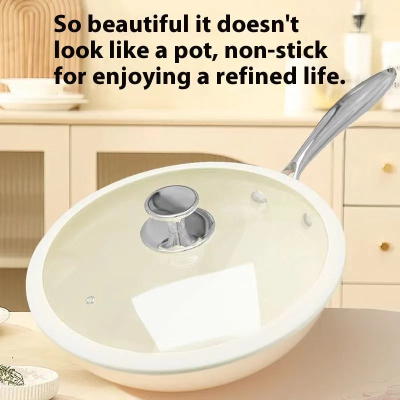 28cm pebble ceramic non-stick stir fry pan with stainless steel glass lid on hob