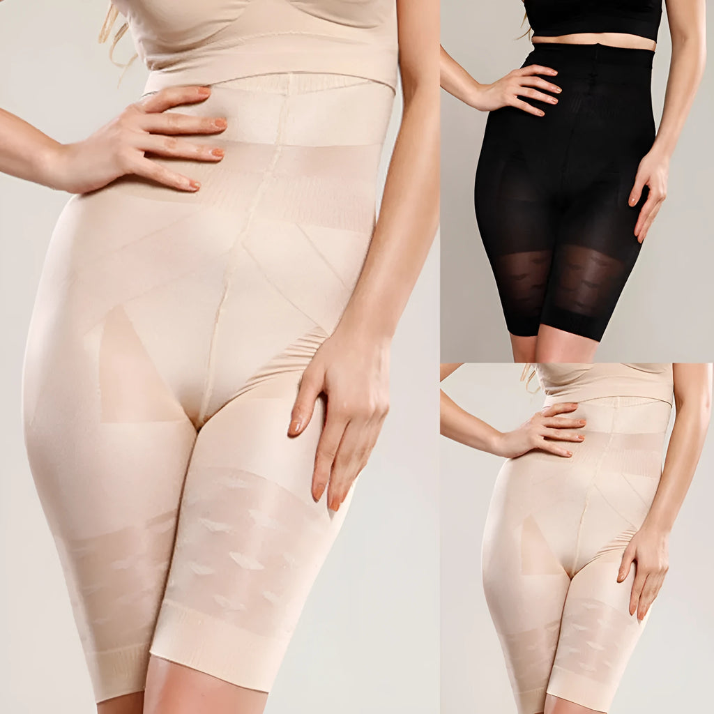Women's black seamless high-waist shapewear shorts for tummy control.