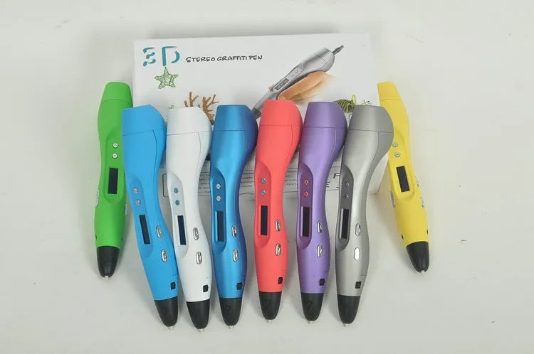3D print pen with hot melt extrusion nozzle and silver body on white background