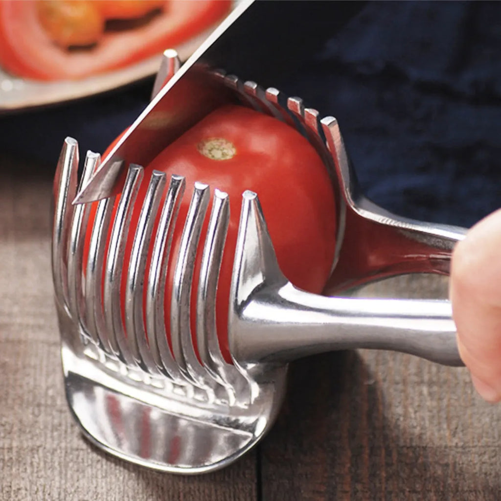 Silver plastic lemon slicer kitchen utensil for cutting uniform citrus slices
