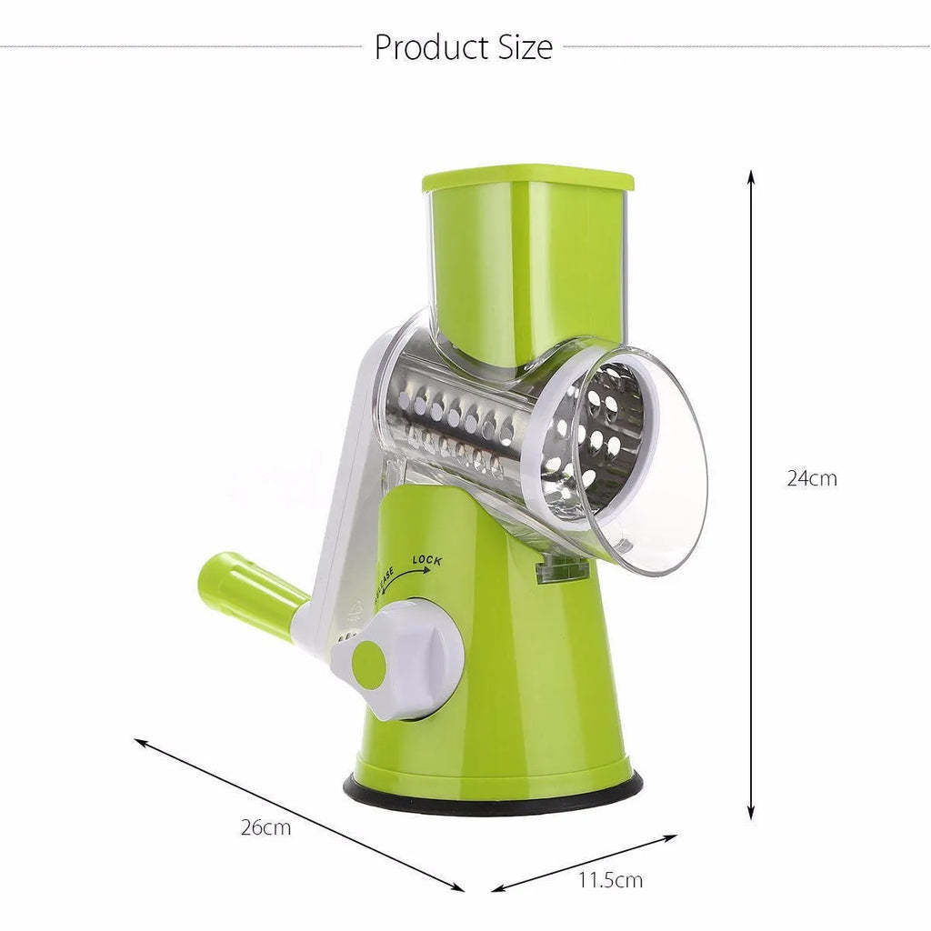 Blue green mandoline vegetable cutter with three stainless steel blades and rubber sucker base on kitchen counter