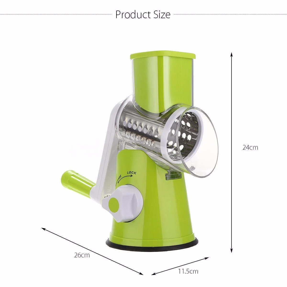 Blue green mandoline vegetable cutter with three stainless steel blades and rubber sucker base on kitchen counter