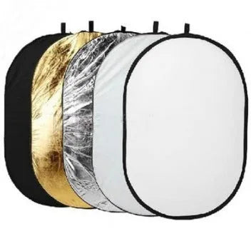 Collapsed 5-in-1 photography light reflector with gold, silver, white, black, translucent surfaces next to its carrying bag.