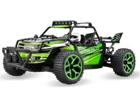 Blue 1:18 scale remote control off-road drift car with 2.4Ghz transmitter on a flat surface.