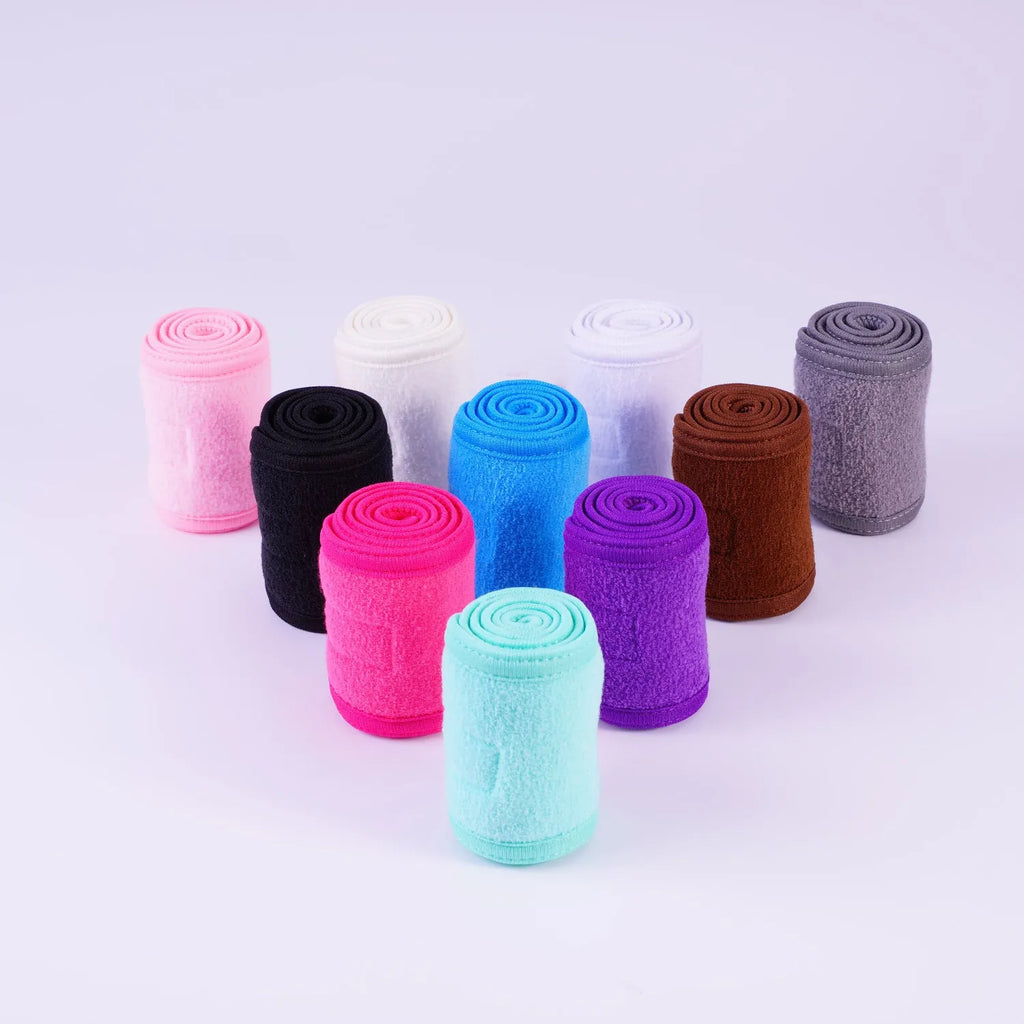 Make-up remover powder puff set with sponge pads and hair belt in white, grey, and bamboo colours