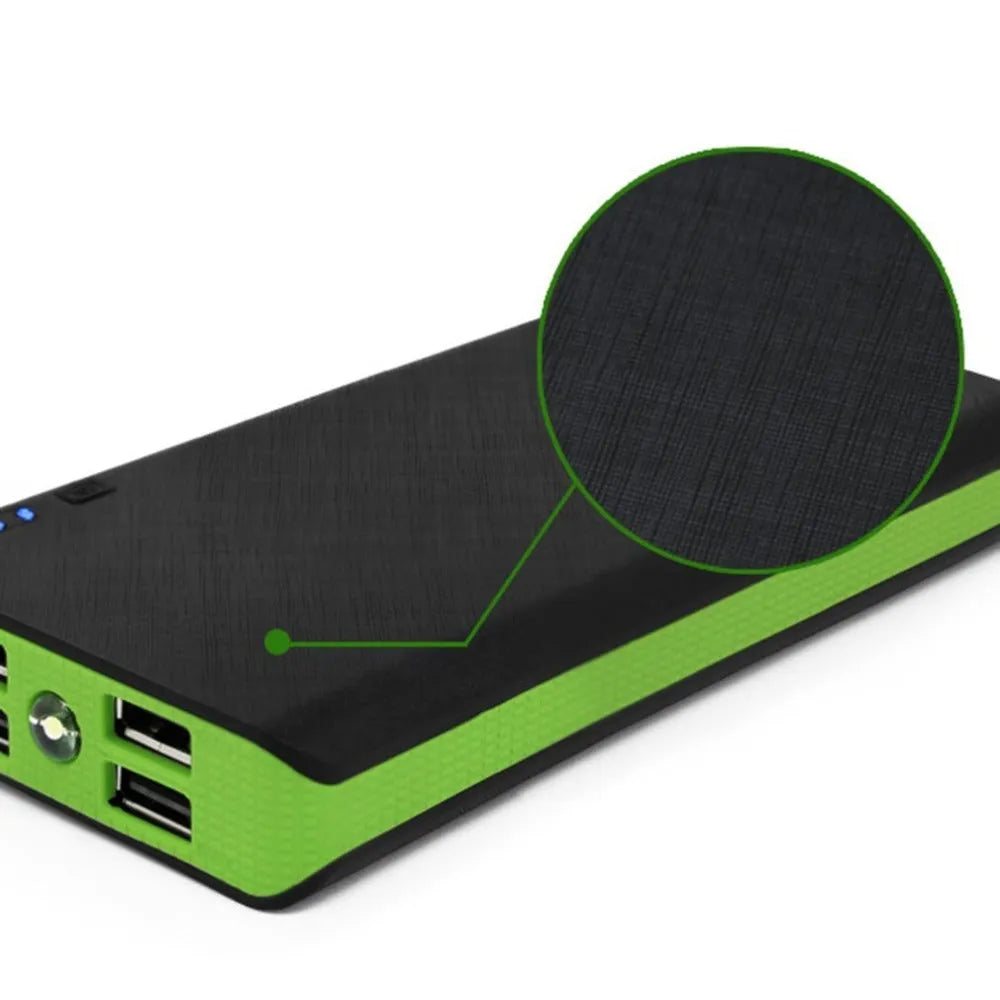 Blue 20000mAh portable power bank with two USB output ports and a micro-USB input port on a white background.