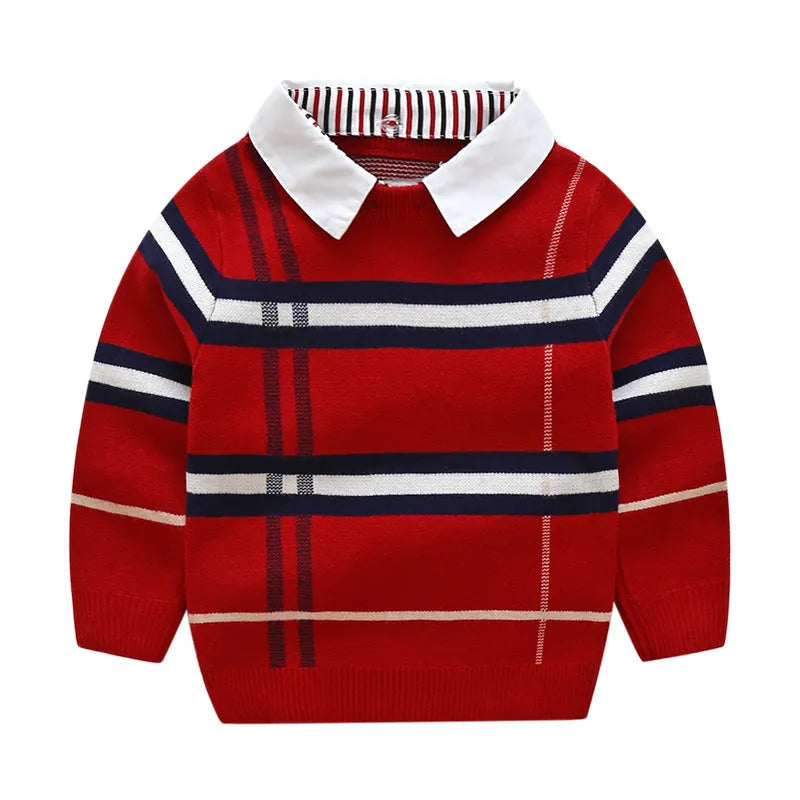 Boys apricot and navy blue plaid jacquard cotton blend long sleeve sweater