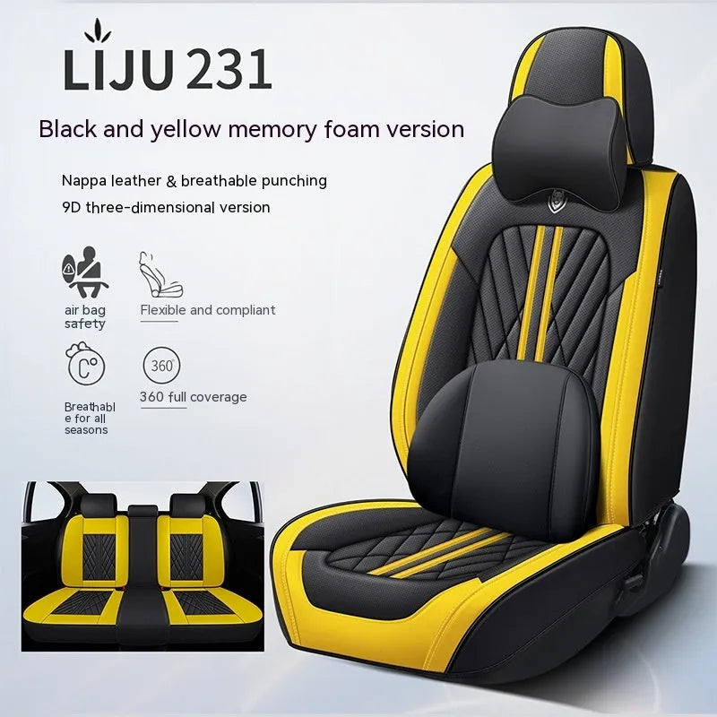 Five-piece leather car seat cushion set in various colour options including striped patterns