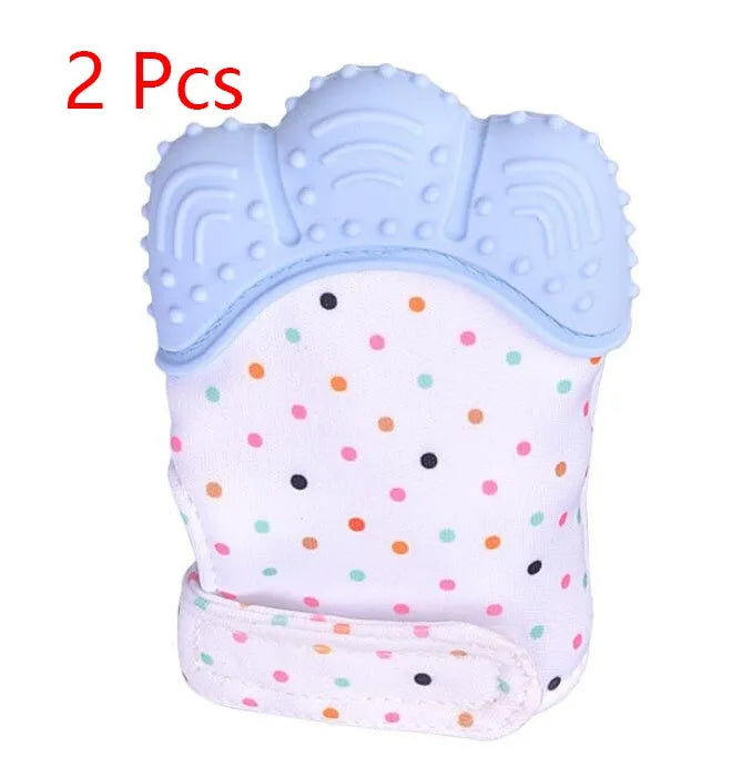 Baby silicone teething glove with Velcro strap in a smiley face yellow design.