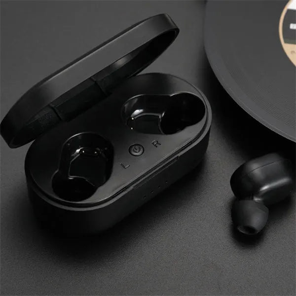 M1 Bluetooth wireless headset with black earbuds showing bilateral stereo design