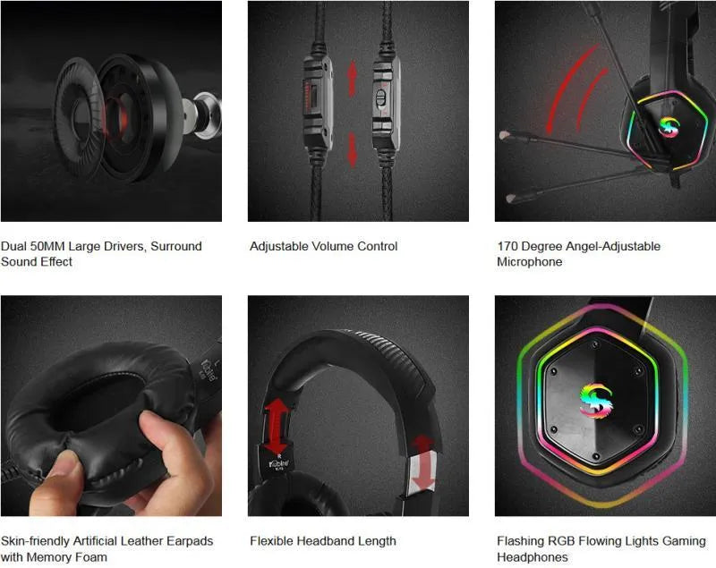 Black RGB gaming headset with soft PU leather earmuffs and 3.5mm USB cable