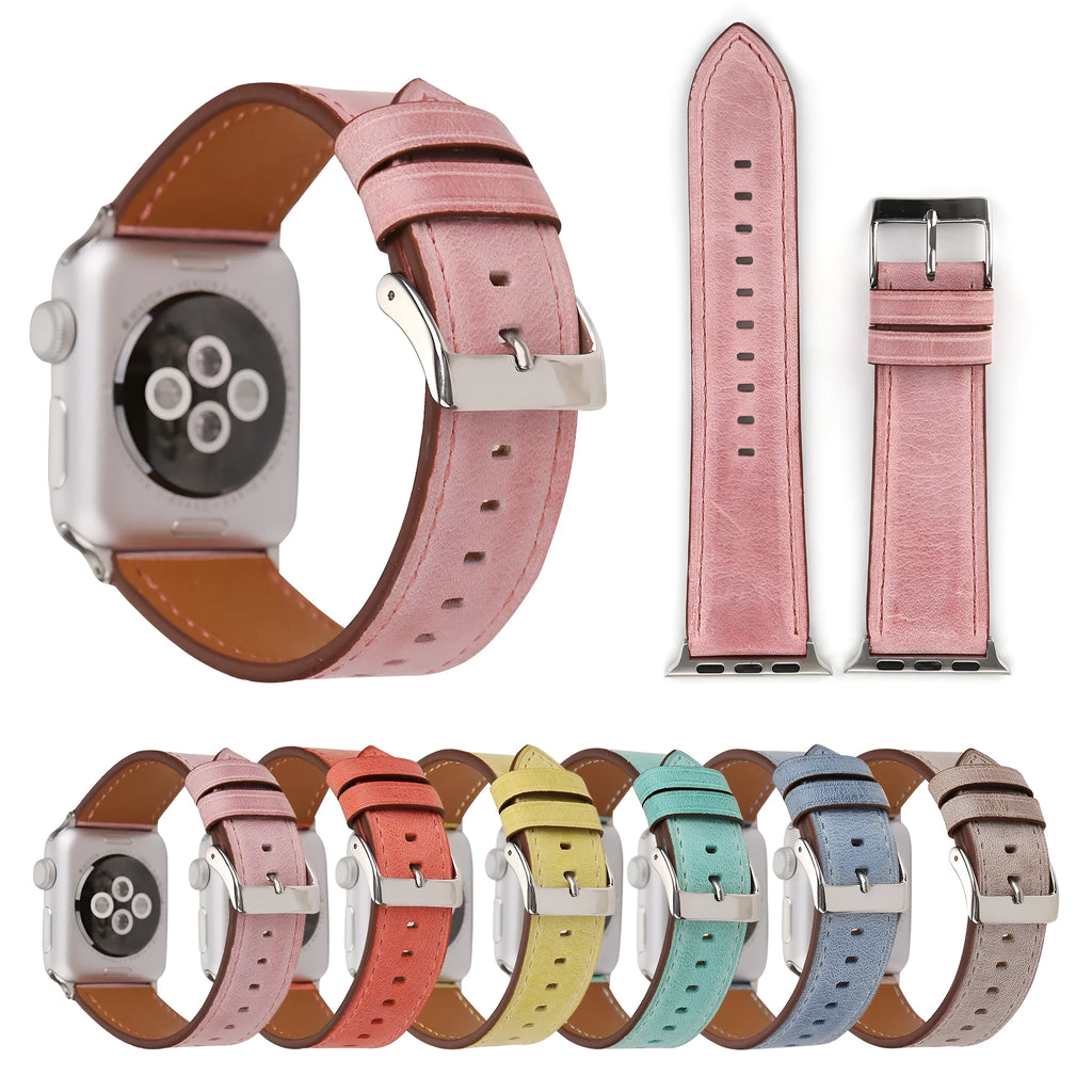 Leather watch strap with folding buckle in multiple colour options