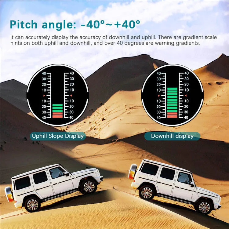 GPS GO 2 black car head-up display unit showing speed, angles, and compass on a colour LCD screen.