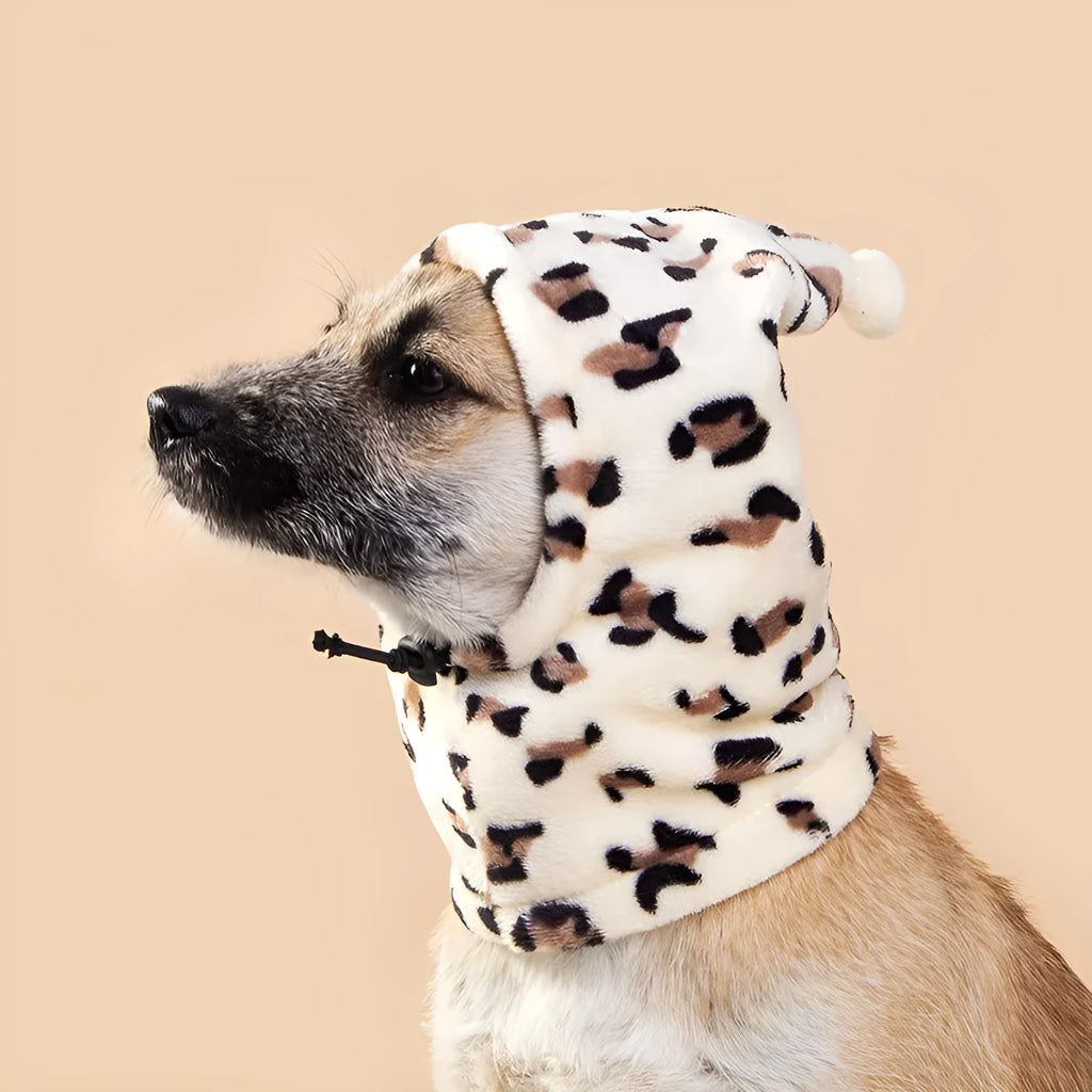 Cloth bear headdress with rabbit ears pet hat on a dog, available in black, red, and leopard print.