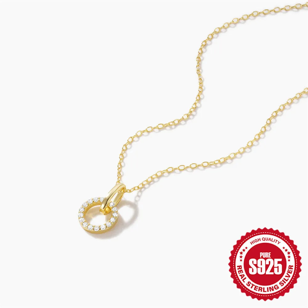 S925 sterling silver adjustable clavicle chain necklace with geometric zircon pendant in gold colour